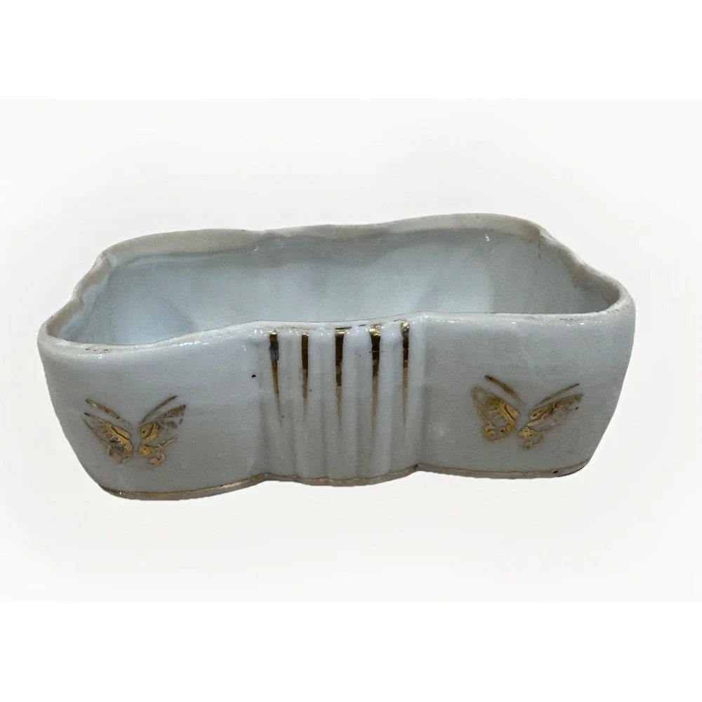 VTG Ceramic Soap Dish White Gold Brown Butterfly MCM Hand Painted‎ Made In Japan